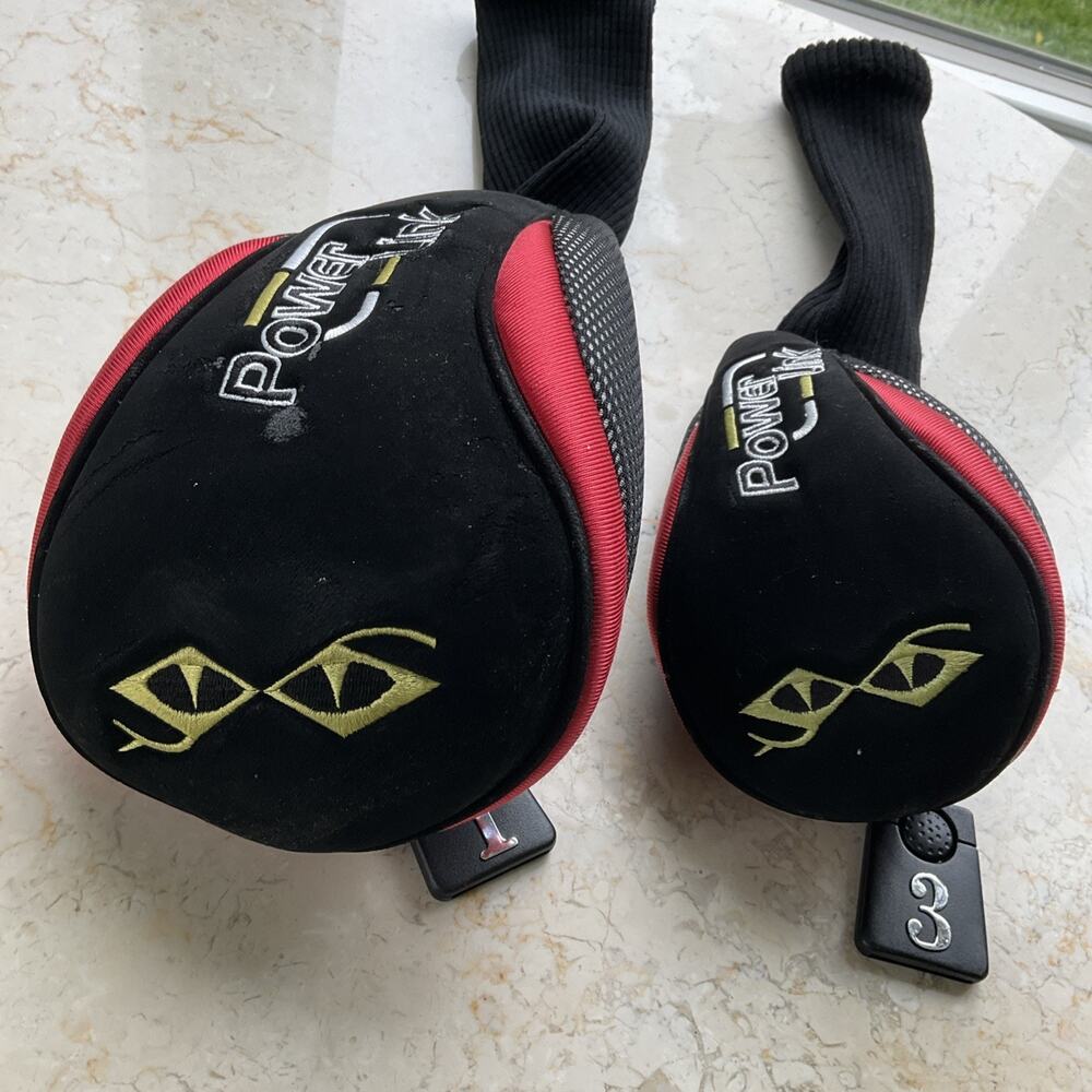 Snake Eyes Power Link 1 Driver & 3 wood Golf Head Covers Black Red Gold FLAWS - Picture 1 of 11